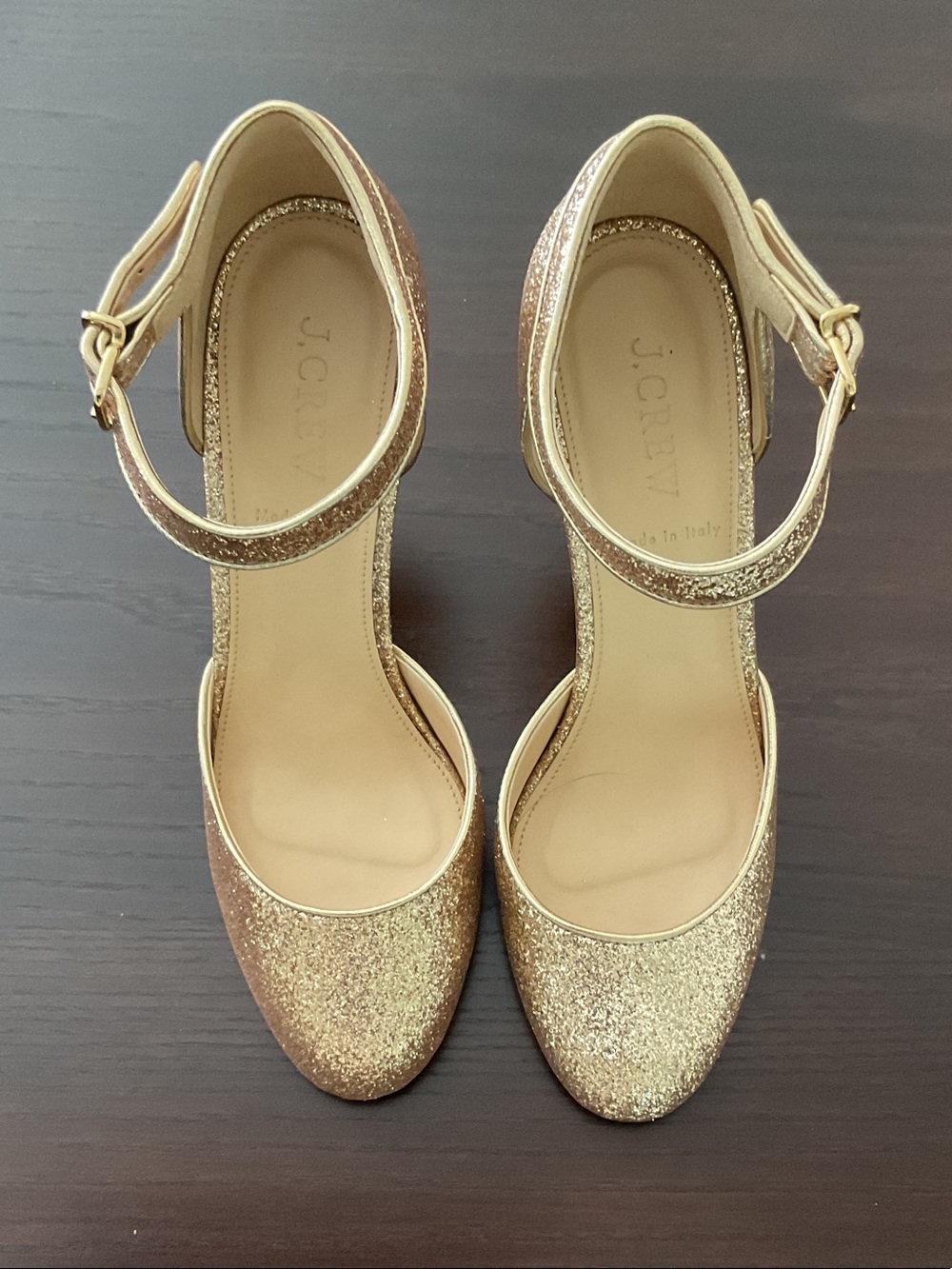 J.Crew Metallic Gold Glitter Ankle-Strap Heels Size 6.5 Made in Italy